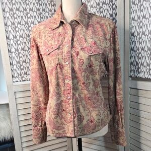 Levi Western Rodeo Corduroy Paisley Pearl-Snap Shirt in Pink and Tan Long Sleeve